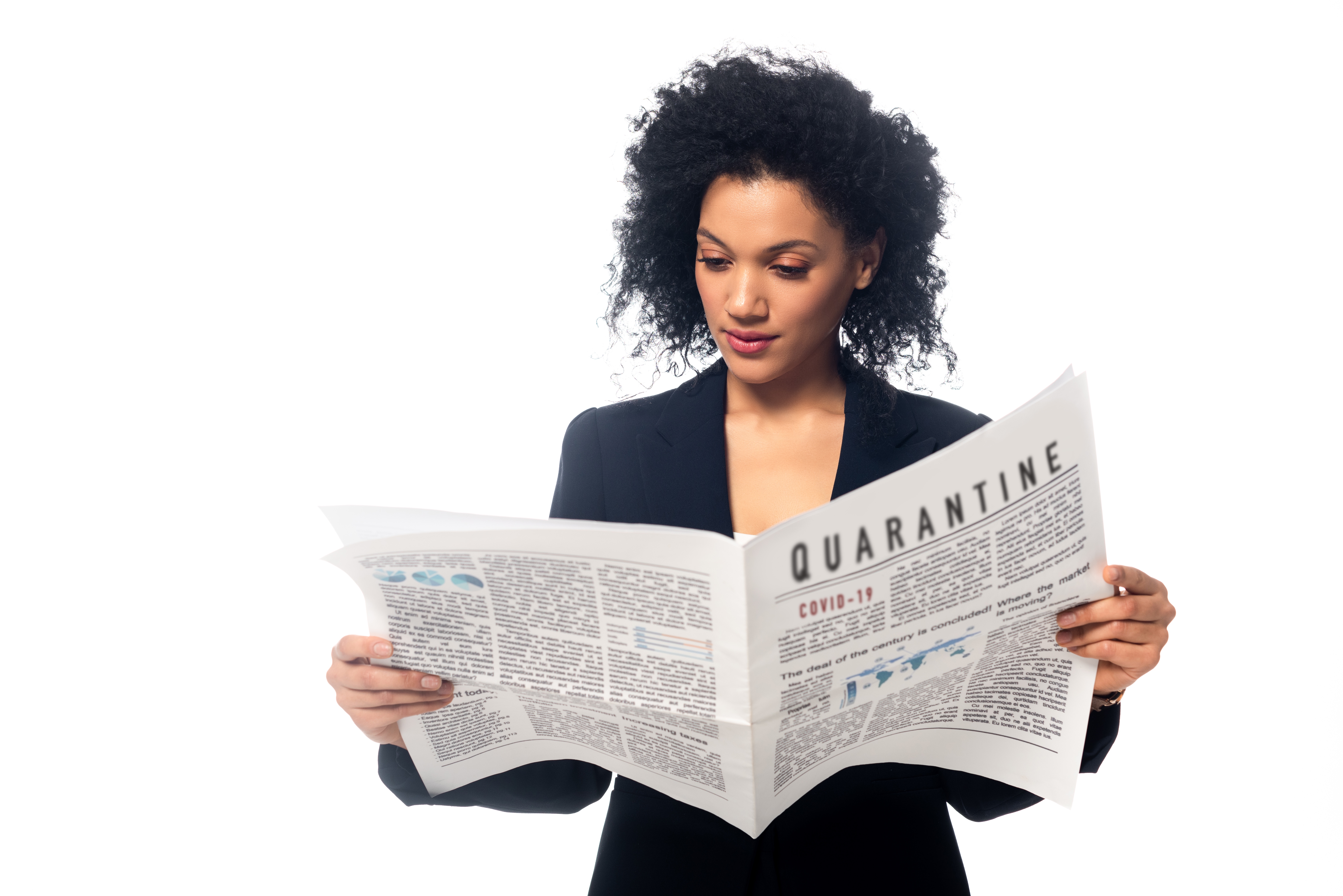 Front view of beautiful african american businesswoman reading newspaper with quarantine news